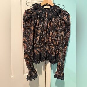 Ulla Johnson Floral Black Lace Trim Blouse  size 0